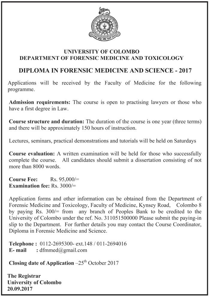 Diploma in Forensic Medicine & Science (2017) - Department of Forensic Medicine & Toxicology - University of Colombo